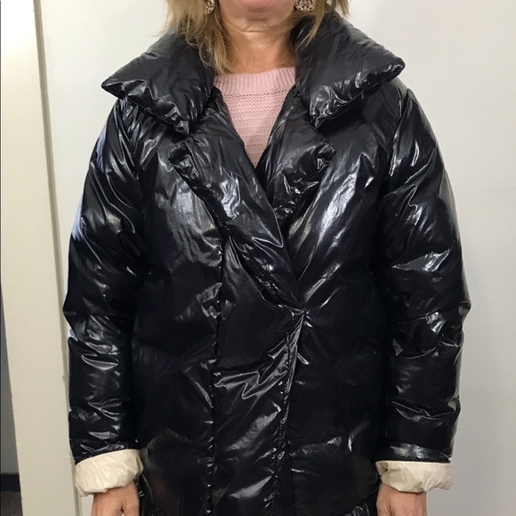 Bacon Women Small Black Shiny Pocketed Zippered Hooded Down Puffer Jacket - Picture 13 of 16